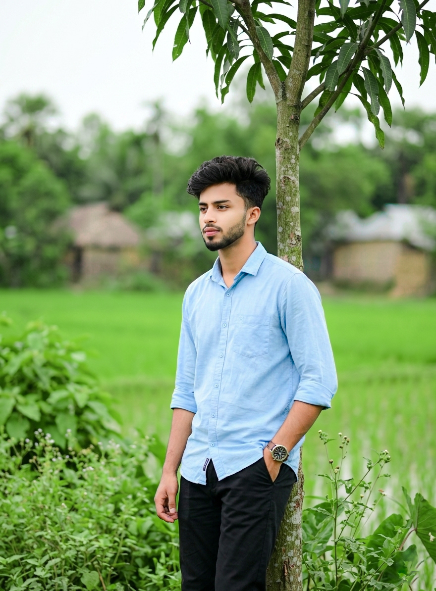 Viral Village Tree Pose Prompt — Countryside Cinematic DSLR Portrait 8K