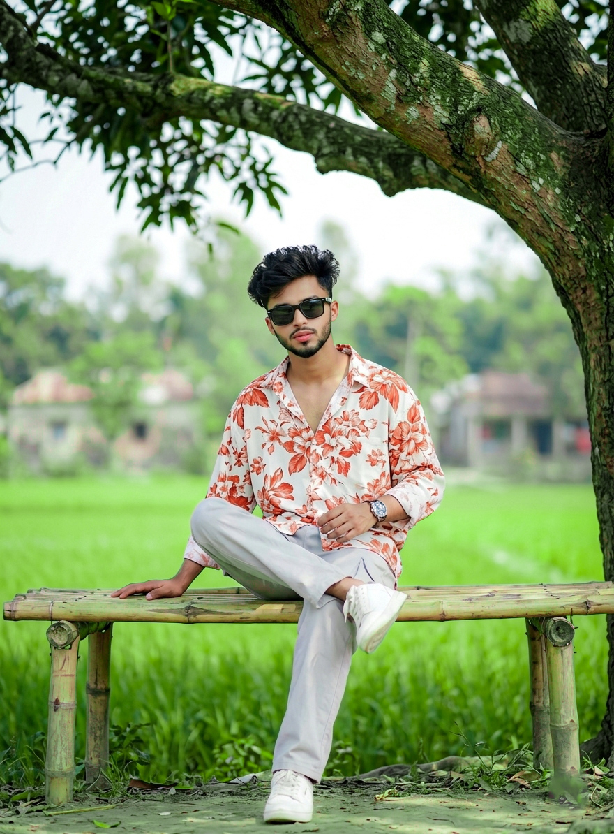 Stylish Village Boy Sitting on Bamboo Bench AI Image Prompt | Ultra Realistic Countryside Portrait 8K