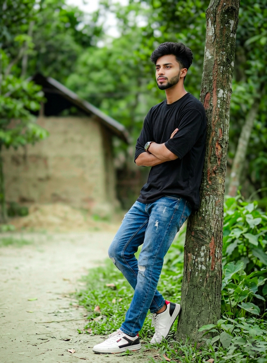 AIPromptGallery | Village Boy Tree Pose AI Image Prompt | Ultra Realistic Bangladeshi Nature Portrait Prompt 8K