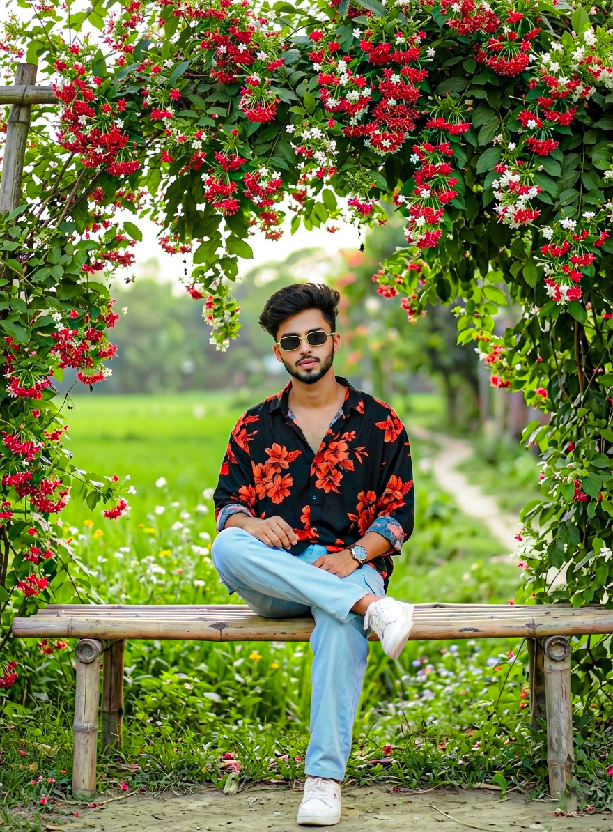 AIPromptGallery | Madhabilata Tree Portrait AI Prompt 🌸 Stylish Village Boy DSLR Photo Prompt 8K