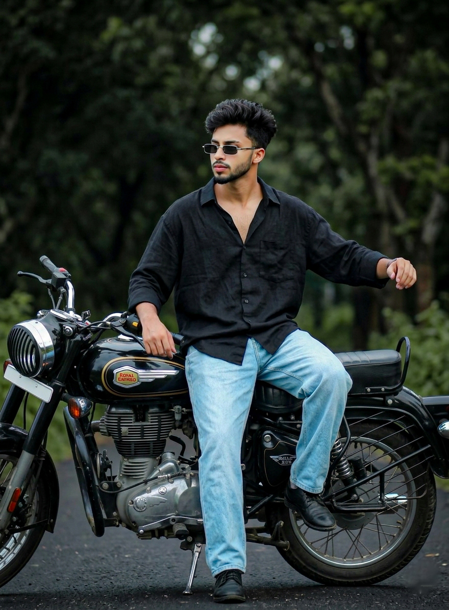Realistic Royal Enfield Bullet 350 Photoshoot Prompt | Stylish Young Man Bike Pose Cinematic Photography Prompt
