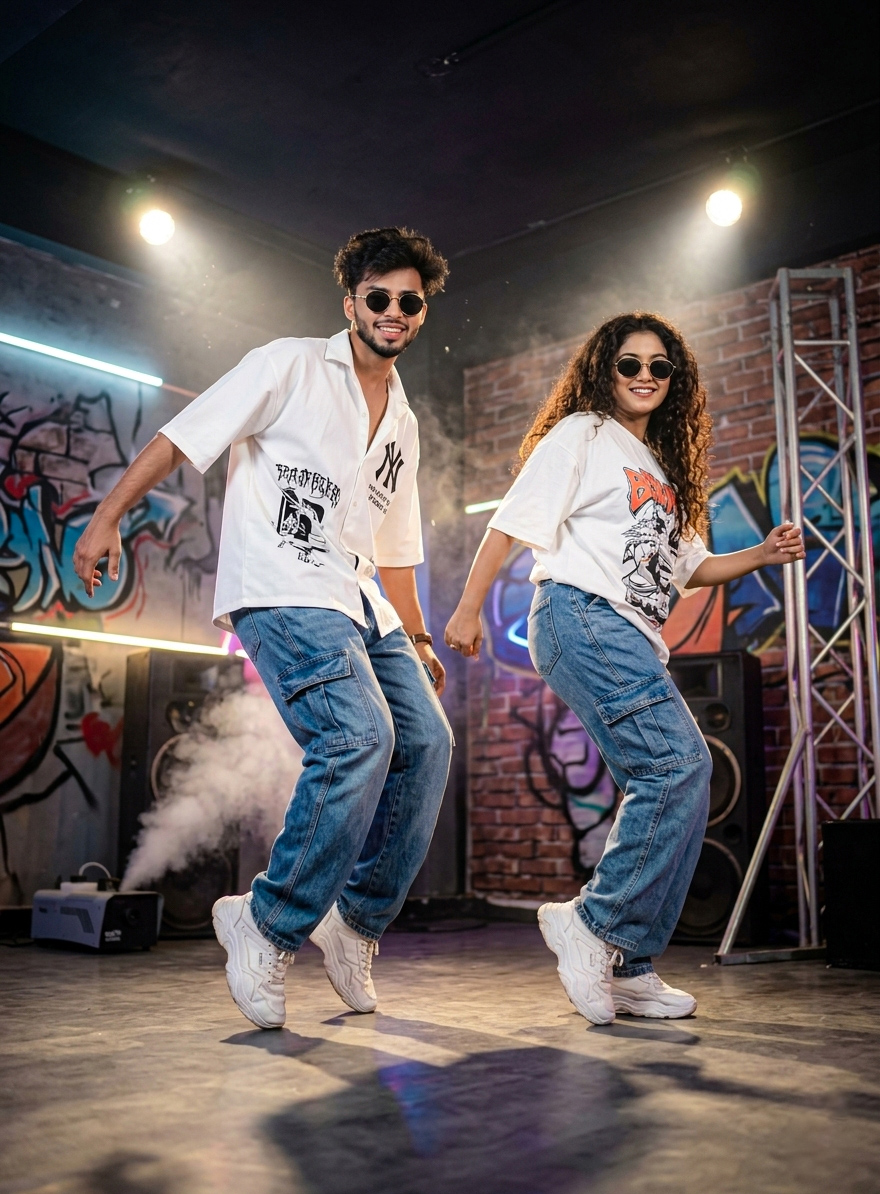 AIPromptGallery | Hip Hop Couple Dance AI Prompt 🕺💃 Cinematic DSLR Studio Portrait Prompt 4K