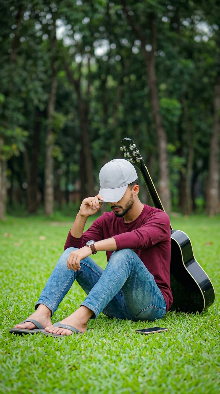 AIPromptGallery | Lonely Guitar Boy AI Prompt 🎸🍃 Cinematic Park Portrait Prompt 8K