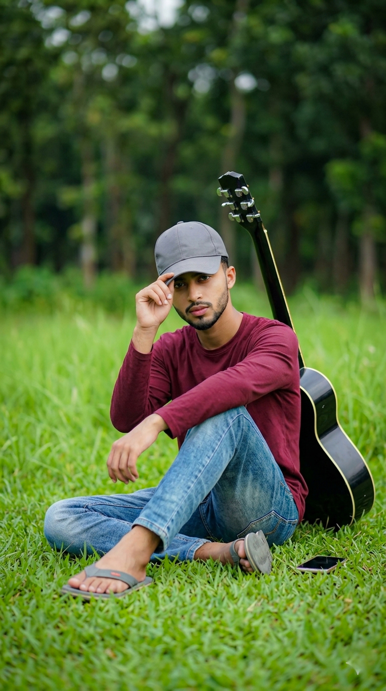 AIPromptGallery | Guitar Boy Park Portrait AI Prompt 🎸🌿 Lonely DSLR Photography Prompt 8K